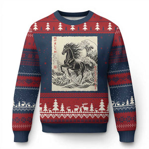 Japanese New Year 2026 Ugly Christmas Sweater Year Of The Horse Tsunami Ukiyo e Art TS11 Navy Red Print Your Wear