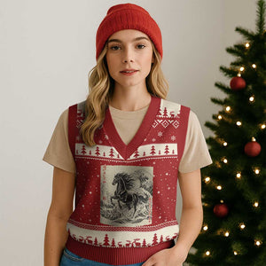Japanese New Year 2026 V-Neck Knit Sweater Vest Year Of The Horse Tsunami Ukiyo e Art TS11 Red Beige Print Your Wear
