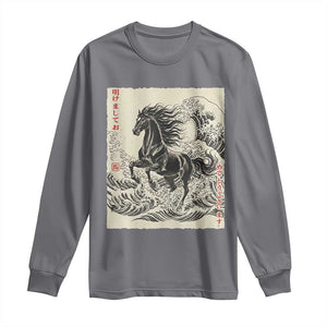 Japanese New Year 2026 Long Sleeve Shirt Year Of The Horse Tsunami Ukiyo e Art TS11 Charcoal Print Your Wear
