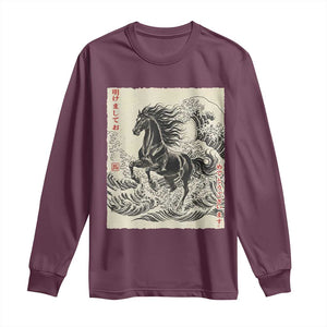 Japanese New Year 2026 Long Sleeve Shirt Year Of The Horse Tsunami Ukiyo e Art TS11 Maroon Print Your Wear
