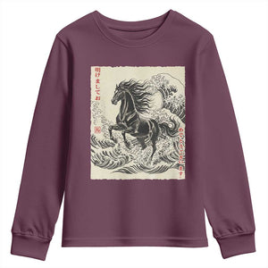 Japanese New Year 2026 Youth Sweatshirt Year Of The Horse Tsunami Ukiyo e Art TS11 Maroon Print Your Wear
