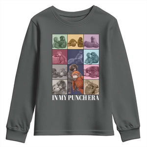 Punch The Monkey Youth Sweatshirt In My Punch Era Baby Monkey Hugging Plush TS11 Dark Heather Print Your Wear