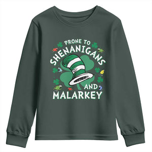 Funny Prone To Shenanigans And Malarkey Youth Sweatshirt St Patricks Day Reading Hat TS11 Dark Forest Green Print Your Wear