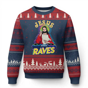 Funny Jesus DJ Raves Techno EDM Party Ugly Christmas Sweater TS11 Navy Red Print Your Wear