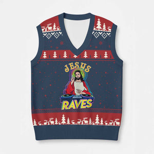 Funny Jesus DJ Raves Techno EDM Party V-Neck Knit Sweater Vest TS11 Navy Red Print Your Wear