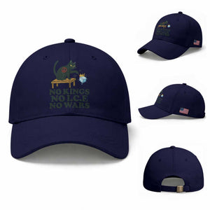 No Kings No Ice No Wars Cat Baseball Cap Funny Political Freedom Activist TS11 Baseball Cap Universal Fit Dark Blue Print Your Wear