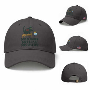 No Kings No Ice No Wars Cat Baseball Cap Funny Political Freedom Activist TS11 Baseball Cap Universal Fit Dark Gray Print Your Wear
