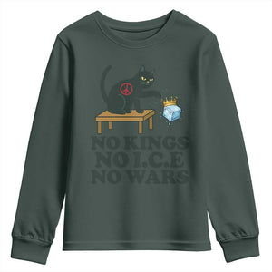 No Kings No Ice No Wars Cat Youth Sweatshirt Funny Political Freedom Activist TS11 Dark Forest Green Print Your Wear