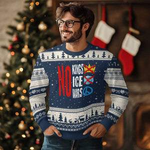 No Kings No Ice No Wars Ugly Christmas Sweater Political Protest Peace Sign TS11 Navy Beige Print Your Wear