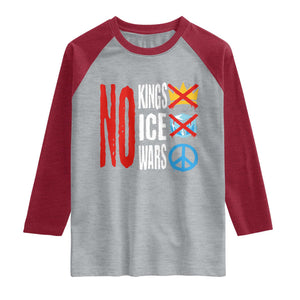 No Kings No Ice No Wars Raglan Shirt Political Protest Peace Sign TS11 Heather Gray Heather Red Print Your Wear