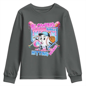 Baseball Blowing Bubbles Hitting Doubles Youth Sweatshirt Sports Bubble Gum Lover TS11 Dark Heather Print Your Wear