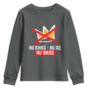 No Kings Protest Youth Sweatshirt No Kings No Ice No Wars Anti Monarchy Statement TS11 Dark Heather Print Your Wear