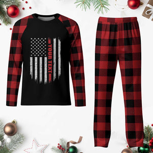 Personalized Firefighter Plaid Pajama Set Custom Text Name Vintage American Flag Patriot Fireman Gift