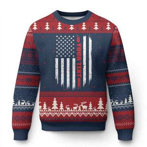 Personalized Firefighter Ugly Christmas Sweater Custom Text Name Vintage American Flag Patriot Fireman Gift
