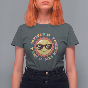 Field Day T Shirt For Women Let The Games Begin Retro Groovy Smile Face Sunshine TS11 Dark Heather Print Your Wear