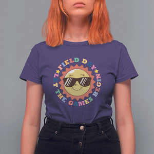 Field Day T Shirt For Women Let The Games Begin Retro Groovy Smile Face Sunshine TS11 Purple Print Your Wear