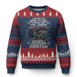 I Stand For Our Flag I Kneel For The Cross Proud Christian Veteran Ugly Christmas Sweater TS11 Navy Red Print Your Wear