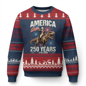 America 250 Years George Washington Riding Tyrannosaurus Rex Ugly Christmas Sweater TS11 Navy Red Print Your Wear