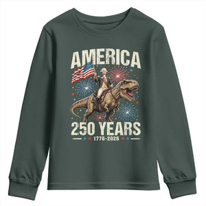 America 250 Years George Washington Riding Tyrannosaurus Rex Youth Sweatshirt TS11 Dark Forest Green Print Your Wear