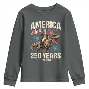 America 250 Years George Washington Riding Tyrannosaurus Rex Youth Sweatshirt TS11 Dark Heather Print Your Wear