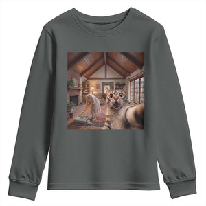 Cat Selfie with Woman Funny Cat Mom Youth Sweatshirt TS11 Dark Heather Print Your Wear