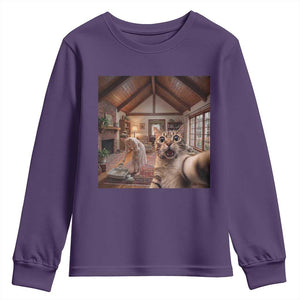 Cat Selfie with Woman Funny Cat Mom Youth Sweatshirt TS11 Purple Print Your Wear
