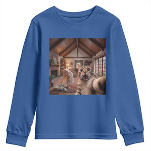 Cat Selfie with Woman Funny Cat Mom Youth Sweatshirt TS11 Royal Blue Print Your Wear