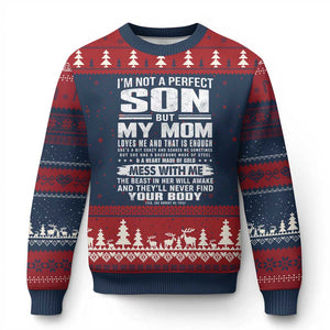 I Am Not A Perfect Son But My Mom Loves Me And That Is Enough Ugly Christmas Sweater Boy Mom Mother's Day Gifts TS11 Navy Red Print Your Wear