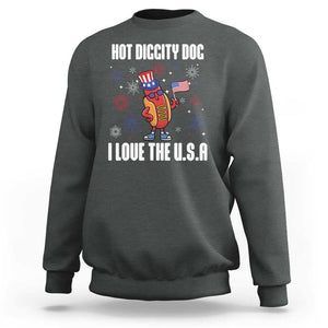 Funny Fourth Of July Sweatshirt Hot Diggity Dog I Love USA TS11 Dark Heather Print Your Wear