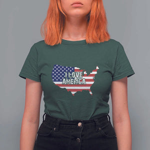 Fourth Of July T Shirt For Women I Love America USA Flag Map TS11 Dark Forest Green Print Your Wear