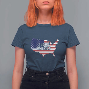 Fourth Of July T Shirt For Women I Love America USA Flag Map TS11 Navy Print Your Wear