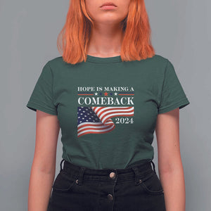 Harris Walz Supporter T Shirt For Women Hope Is Making A Comeback 2024 American Flag Star TS11 Dark Forest Green Print Your Wear