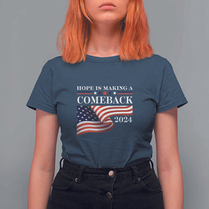 Harris Walz Supporter T Shirt For Women Hope Is Making A Comeback 2024 American Flag Star TS11 Navy Print Your Wear