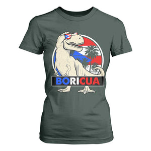 Funny Boricua Dinosaur Dino Puerto Rican Flag Hispanic Heritage T Shirt For Women TS11 Dark Forest Green Print Your Wear