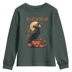 Funny Halloween F Caw F Youth Sweatshirt Black Crow Moon Gothic Spooky Season TS11 Dark Forest Green Print Your Wear