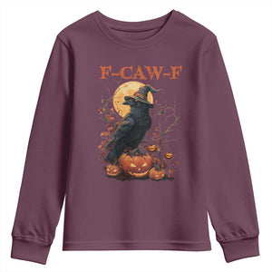 Funny Halloween F Caw F Youth Sweatshirt Black Crow Moon Gothic Spooky Season TS11 Maroon Print Your Wear