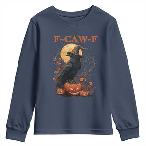 Funny Halloween F Caw F Youth Sweatshirt Black Crow Moon Gothic Spooky Season TS11 Navy Print Your Wear
