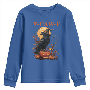 Funny Halloween F Caw F Youth Sweatshirt Black Crow Moon Gothic Spooky Season TS11 Royal Blue Print Your Wear