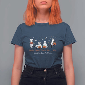 Halloween School Counselor T Shirt For Women Don't Ghost Your Feelings Talk About Them Ghost Cats TS11 Navy Print Your Wear