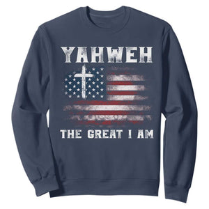 Yahweh The Great I Am Christian Faith Sweatshirt Vintage American Flag TS11 Navy Print Your Wear