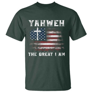 Yahweh The Great I Am Christian Faith T Shirt Vintage American Flag TS11 Dark Forest Green Print Your Wear