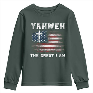 Yahweh The Great I Am Christian Faith Youth Sweatshirt Vintage American Flag TS11 Dark Forest Green Print Your Wear