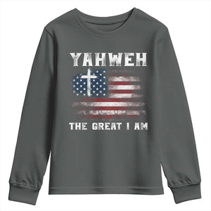 Yahweh The Great I Am Christian Faith Youth Sweatshirt Vintage American Flag TS11 Dark Heather Print Your Wear