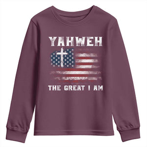 Yahweh The Great I Am Christian Faith Youth Sweatshirt Vintage American Flag TS11 Maroon Print Your Wear