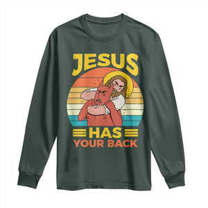 Funny Jesus Has Your Back Long Sleeve Shirt Jiu Jitsu Retro Christian TS11 Dark Forest Green Print Your Wear
