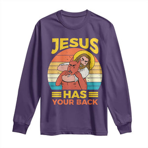Funny Jesus Has Your Back Long Sleeve Shirt Jiu Jitsu Retro Christian TS11 Purple Print Your Wear