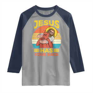 Funny Jesus Has Your Back Raglan Shirt Jiu Jitsu Retro Christian TS11 Sport Gray Navy Print Your Wear