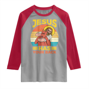 Funny Jesus Has Your Back Raglan Shirt Jiu Jitsu Retro Christian TS11 Sport Gray Red Print Your Wear