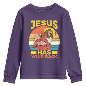 Funny Jesus Has Your Back Youth Sweatshirt Jiu Jitsu Retro Christian TS11 Purple Print Your Wear