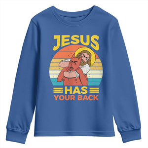 Funny Jesus Has Your Back Youth Sweatshirt Jiu Jitsu Retro Christian TS11 Royal Blue Print Your Wear